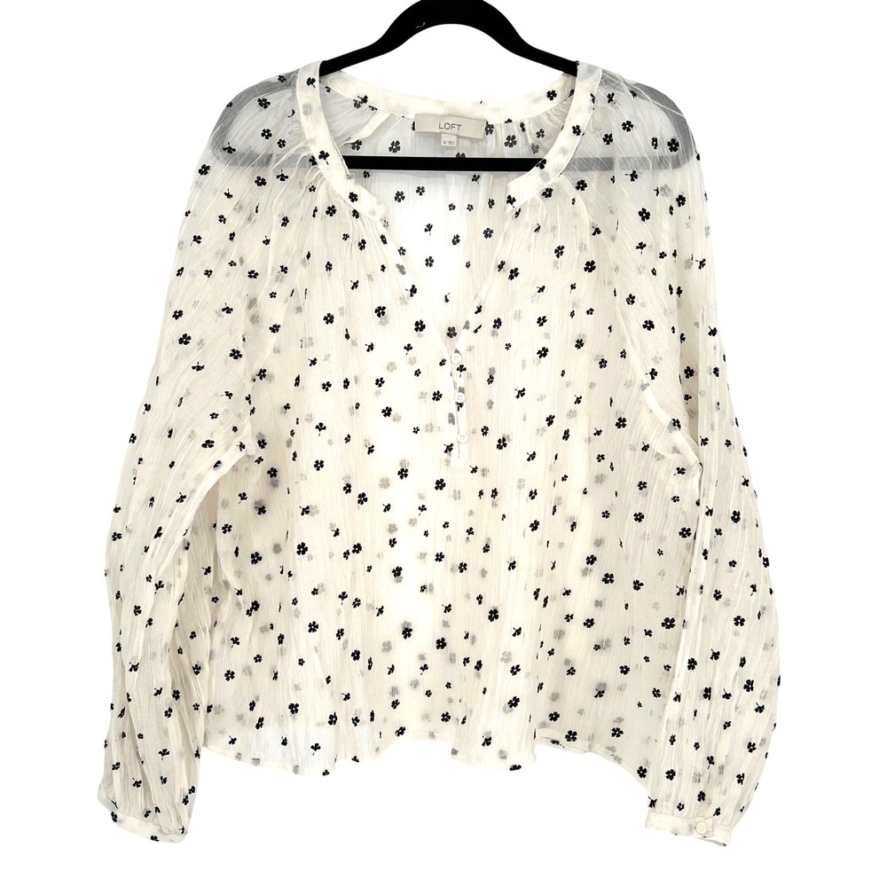 LOFT XL White Black Floral Henley Blouse Long Sleeve Crinkle Top Clover Print